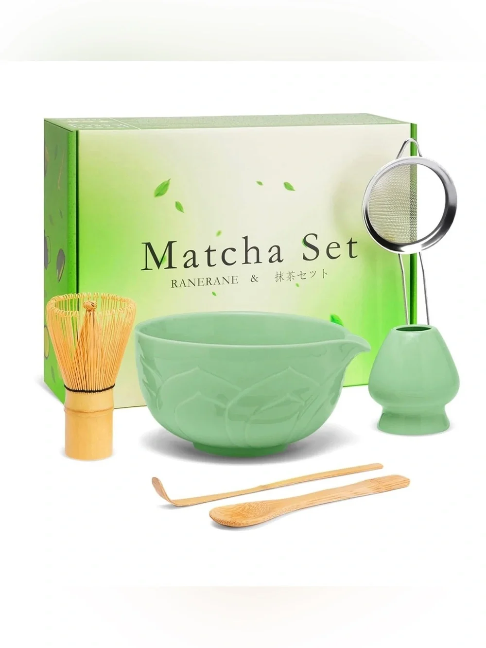 RANERANE Matcha Set Lotus Cyan Ceramic Bowl Whisk Chasen 6pc New In Box